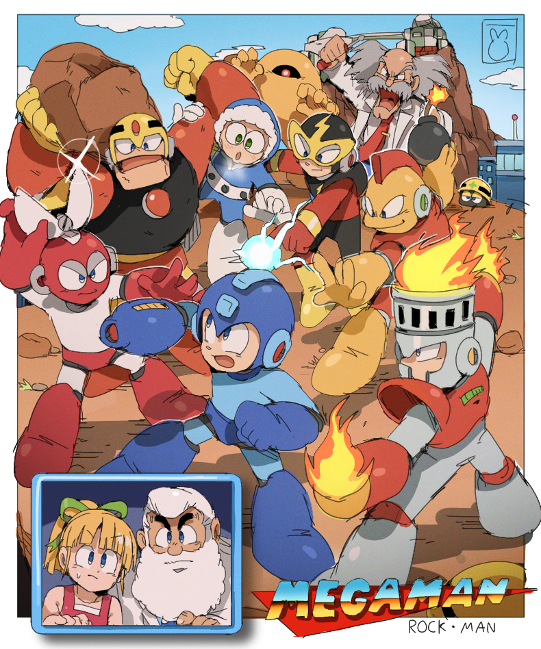 1girl 6+boys bald beard bendedede black_sclera blue_eyes bomb bomb_man colored_sclera commentary cut_man dr._light_(mega_man) dr._wily_(mega_man) elec_man english_commentary explosive facial_hair fire fire_man guts_man helmet holding holding_bomb holding_rock ice_man mega_man_(character) mega_man_(classic) mega_man_(series) mega_man_1 met_(mega_man) multiple_boys mustache old old_man red_eyes robot rock roll_(mega_man) yellow_devil_(mega_man)