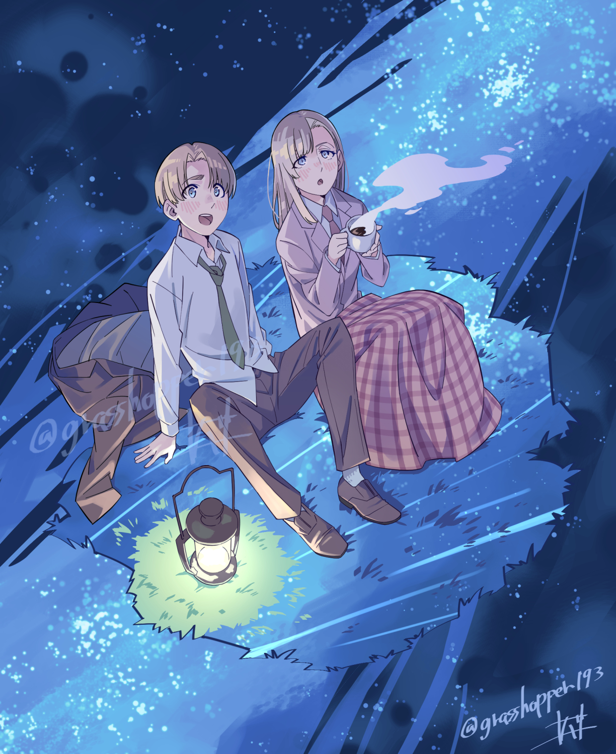 1boy 1girl :o annie_leonhart arm_support armin_arlert artist_name blanket_over_legs blonde_hair blue_background blue_eyes blush brown_jacket brown_pants brown_shoes checkered_blanket collared_shirt cup curtained_hair full_body grasshopper193 green_necktie hands_up highres holding holding_cup jacket lantern long_hair long_sleeves necktie on_grass open_mouth pants pink_jacket pink_necktie reclining shingeki_no_kyojin shirt shoes short_hair sitting socks star_(sky) starry_sky_background steaming_cup tareme teeth twitter_username unworn_jacket upper_teeth_only very_short_hair white_shirt white_socks