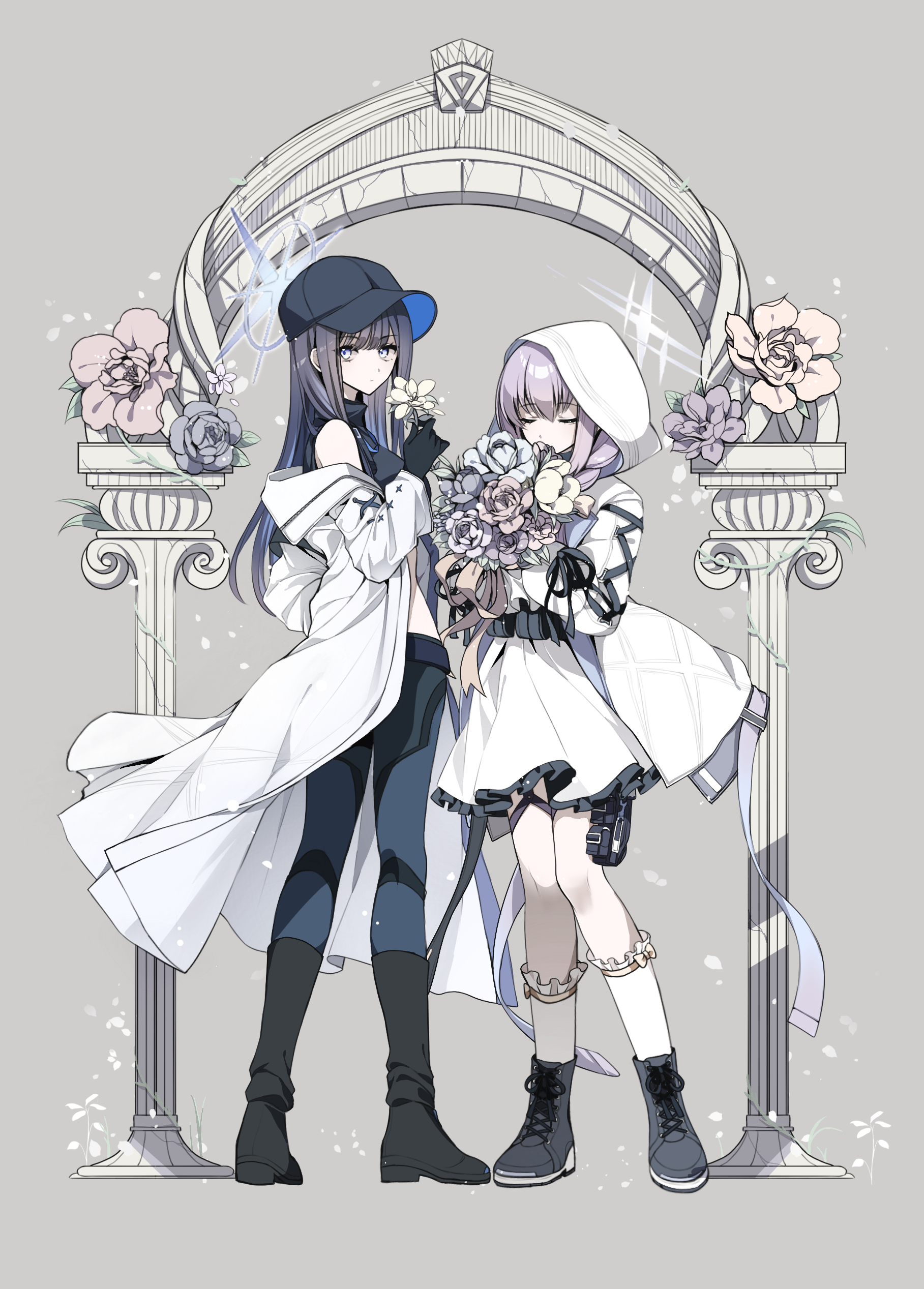 2girls absurdres arch atsuko_(blue_archive) belt_pouch black_footwear black_hair blue_archive blue_eyes blue_hair bouquet bow braid closed_eyes commentary_request cross-laced_footwear dress expressionless flower frilled_socks frills full_body hair_bow halo height_difference highres holding holding_bouquet holding_flower hood hood_up hooded_jacket jacket long_hair looking_at_viewer low_twin_braids multicolored_hair multiple_girls off_shoulder pouch purple_hair ribbon ribbon-trimmed_socks ribbon_trim saori_(blue_archive) shadow71580825 socks standing streaked_hair thigh_pouch twin_braids twisted_torso white_dress white_jacket white_socks yellow_bow yellow_ribbon
