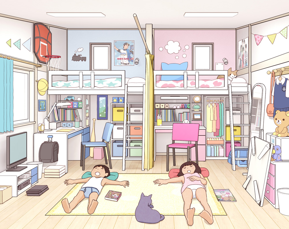 1boy 1girl absurdly_detailed_composition blue_male_underwear brown_hair camisole carpet cat chabudai_(table) chair curtains desk fixed-point_camera indoors kiyo_(kyokyo1220) korilakkuma loaded_interior loft_bed lying male_underwear mirror on_back on_floor ootani_shouhei original panties pink_camisole poster_(object) rilakkuma san-x shirt short_hair sleeping stuffed_animal stuffed_toy table teddy_bear television time_lapse underwear white_panties white_shirt window