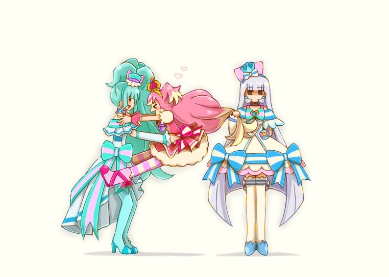 3girls ankle_boots aqua_arm_warmers aqua_dress aqua_hair aqua_shoes aqua_thighhighs arm_warmers blonde_hair blue_shoes blunt_bangs boots bow bowtie choker crown cure_lillian cure_nyammy cure_wonderful dress earrings full_body grabbing_another&#039;s_hair hair_behind_ear hair_bow hat high-low_dress hug imminent_hug inukai_komugi jealous jewelry long_hair looking_at_another magical_girl mini_crown mini_hat multicolored_hair multiple_girls nekoyashiki_mayu nekoyashiki_yuki off-shoulder_dress off_shoulder pantyhose pink_dress pink_hair pleated_dress precure puffy_short_sleeves puffy_sleeves shaded_face shoes short_sleeves side_ponytail simple_background skirt skirt_under_dress standing straight_hair striped_bow striped_bowtie striped_clothes striped_pantyhose thighhighs two-tone_hair two_side_up very_long_hair wavy_hair white_arm_warmers white_background white_dress white_hair white_thighhighs wonderful_precure! yellow_skirt yuu13
