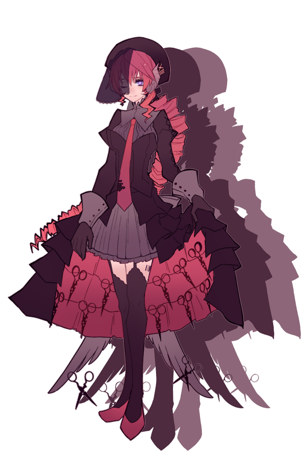 1bitheart 1girl beret black_dress black_gloves black_hat black_thighhighs black_veil black_wings blue_eyes closed_mouth dress drill_hair drill_ponytail fake_wings full_body garter_straps gloves hat headphones hikagari_tobari horns long_sleeves low_ponytail low_wings miwasiba necktie official_art ponytail red_hair red_necktie red_shoes scissors shoes single_drill smile solo thighhighs transparent_background veil wings