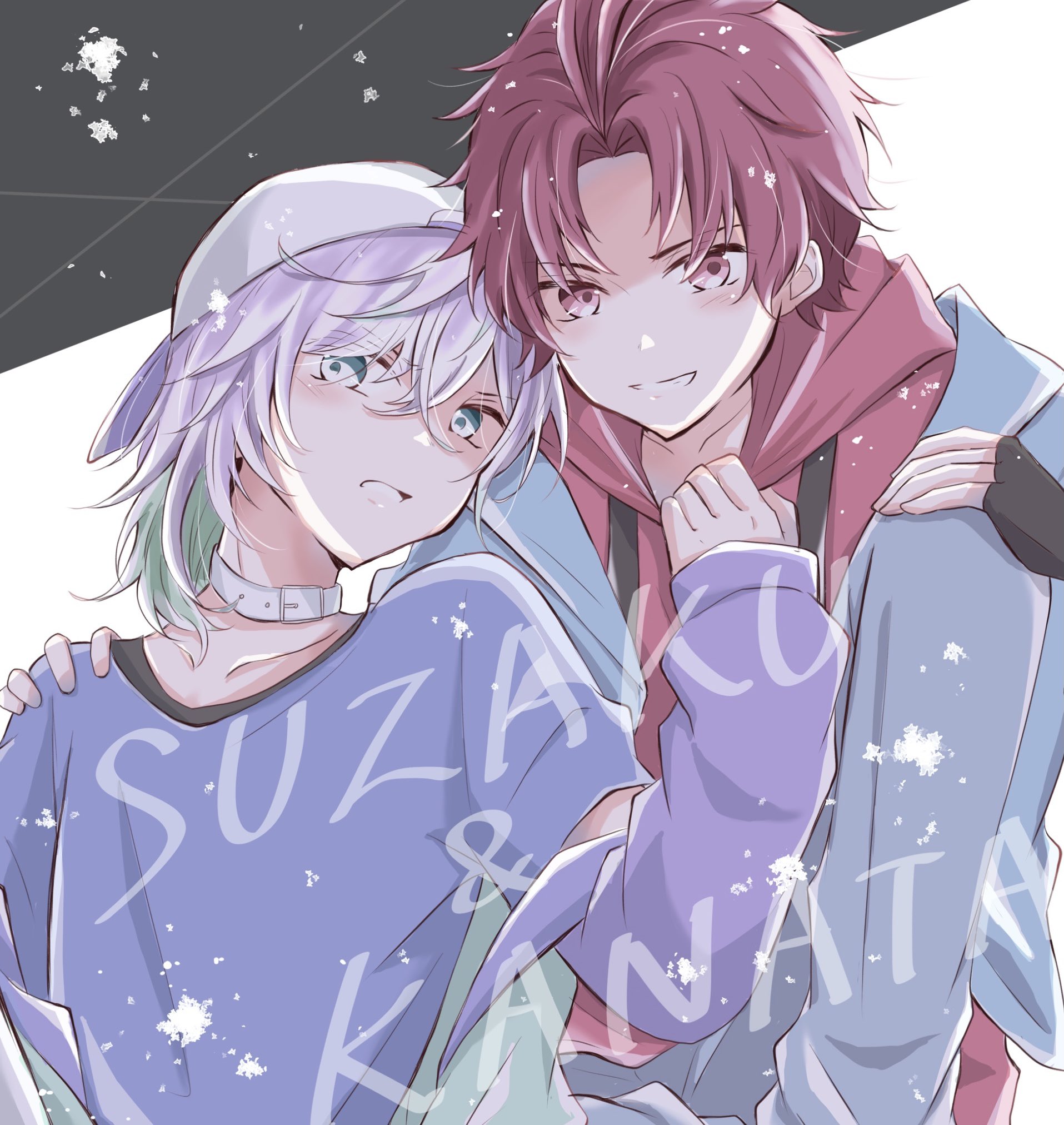 2boys blue_eyes blush character_name green_hair grey_background hari_nyan_nyan highres looking_at_viewer male_focus multicolored_background multicolored_hair multiple_boys open_mouth paradox_live purple_hair red_eyes red_hair short_hair sugasano_allen teeth white_background yatonokami_kanata