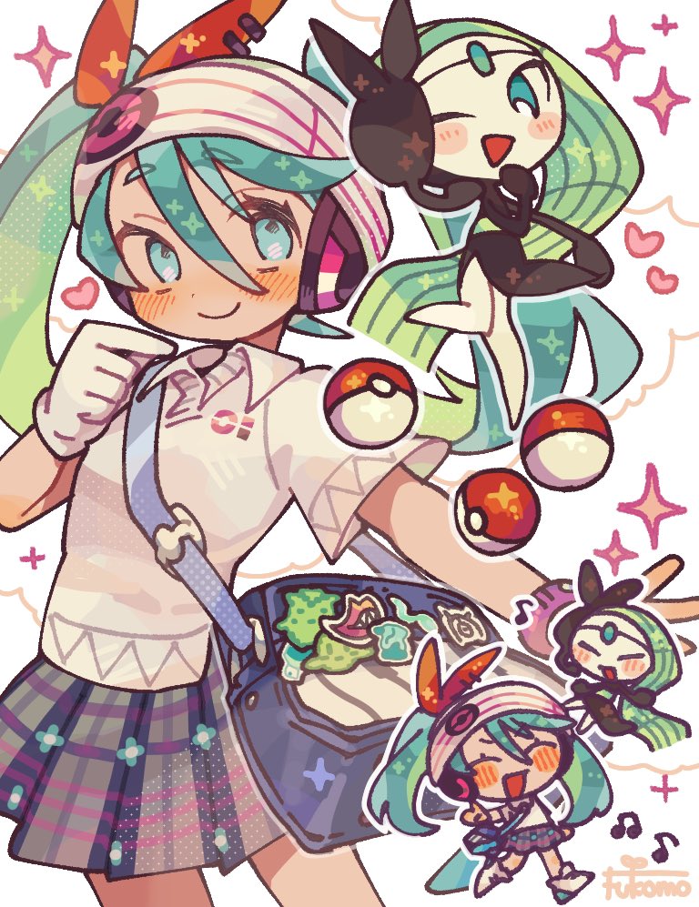 1girl aqua_hair bag bag_charm beanie blue_eyes blush blush_stickers bow charm_(object) chibi chibi_inset forehead_jewel fukomo gen_2_pokemon gen_5_pokemon gloves green_hair hair_bow hat hatsune_miku headphones heart legendary_pokemon long_hair meloetta meloetta_(aria) miniskirt music musical_note mythical_pokemon nintendo one_eye_closed open_mouth piano_print plaid_clothes plaid_skirt pleated_skirt poke_ball poke_ball_(basic) poke_ball_print pokemon pokemon_(creature) polo_shirt project_voltage psychic_miku_(project_voltage) red_bow shirt shoes shoulder_bag singing single_glove skirt smartwatch smile sneakers sparkle twintails unown unown_m vocaloid watch white_gloves white_shirt wristwatch