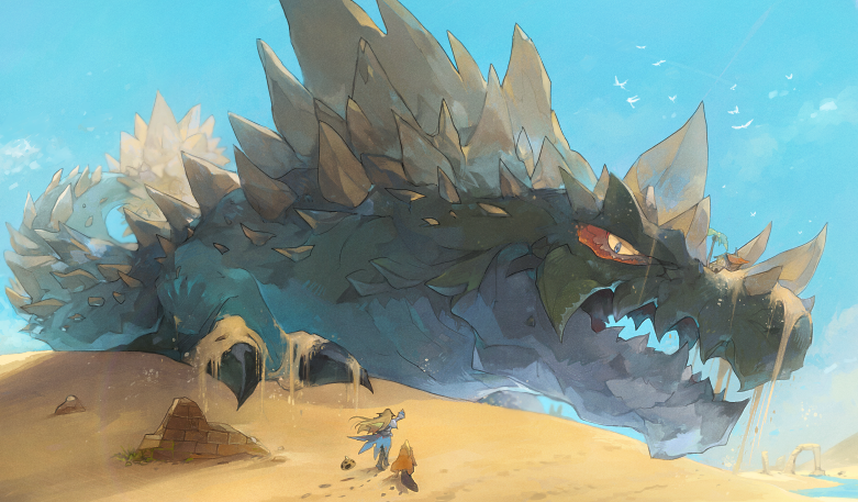 1girl animal_focus arm_up armor blonde_hair blue_cape blue_eyes blue_sky brick_wall cape claws cloud colored_sclera day desert dragon dragon_quest escalin_(hld_doreko) footprints from_behind giant giant_monster house linne_(hld_doreko) long_hair looking_at_another open_mouth outdoors palm_tree platypunk ruins sand sharp_teeth shoulder_armor sky slime_(creature) slime_(dragon_quest) spikes stalagosaur teeth tree waist_cape walking waving yellow_sclera