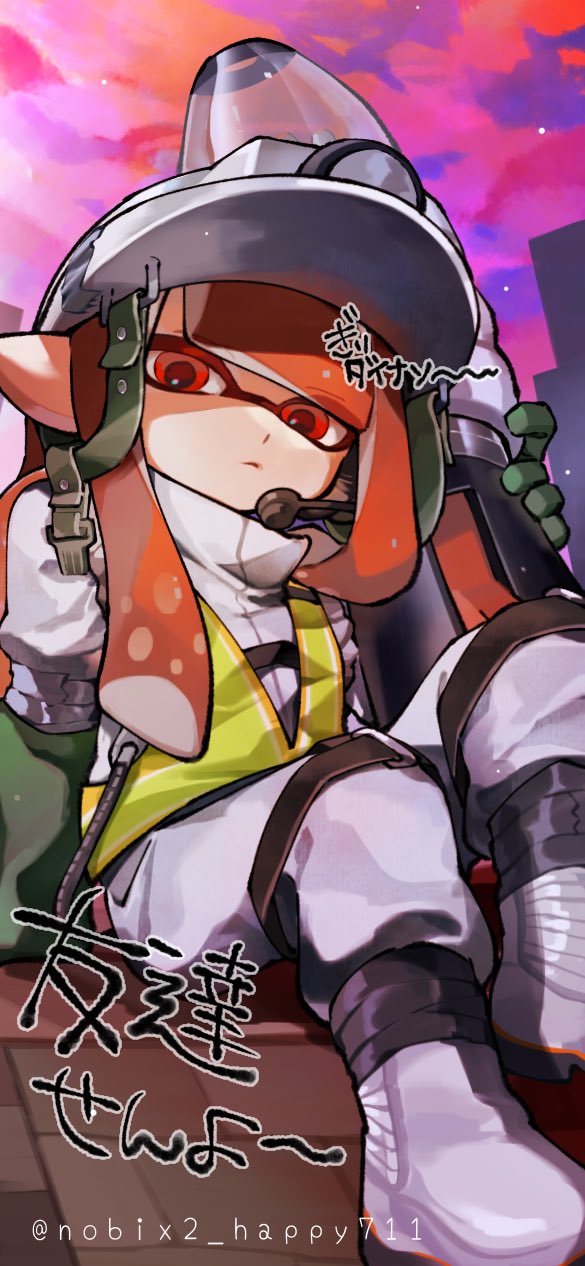 1girl artist_name ballpoint_splatling_(splatoon) blunt_bangs boots closed_mouth commentary_request expressionless gloves green_gloves headlamp helmet high-visibility_clothing high-visibility_vest highres holding holding_weapon inkling inkling_girl inkling_player_character jumpsuit long_hair looking_at_viewer mining_helmet nintendo nobix2_happy711 orange_hair pointy_ears red_eyes rubber_boots rubber_gloves salmon_run_(splatoon) sitting solo splatoon_(series) splatoon_3 tentacle_hair translation_request weapon white_boots white_helmet white_jumpsuit