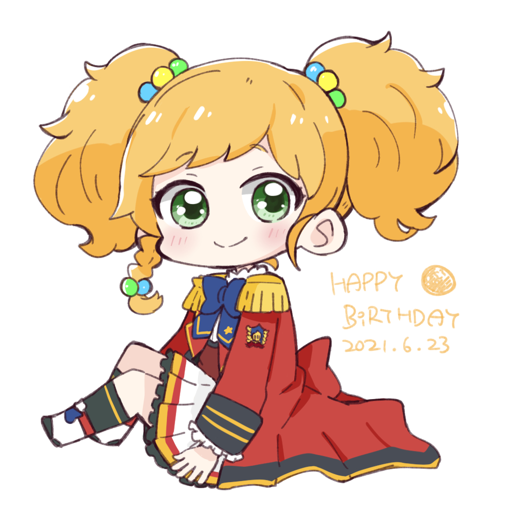 1girl aikatsu!_(series) aikatsu_stars! black_socks blonde_hair blue_bow blush boots bow braid chibi closed_mouth commentary_request dated epaulettes frilled_skirt frilled_sleeves frills green_eyes hair_bobbles hair_ornament happy_birthday jacket kneehighs long_sleeves looking_at_viewer looking_to_the_side nikaido_yuzu nozo_(hitomiz) open_clothes open_jacket pleated_skirt red_jacket shirt simple_background single_braid sitting skirt smile socks solo twintails white_background white_boots white_shirt white_skirt
