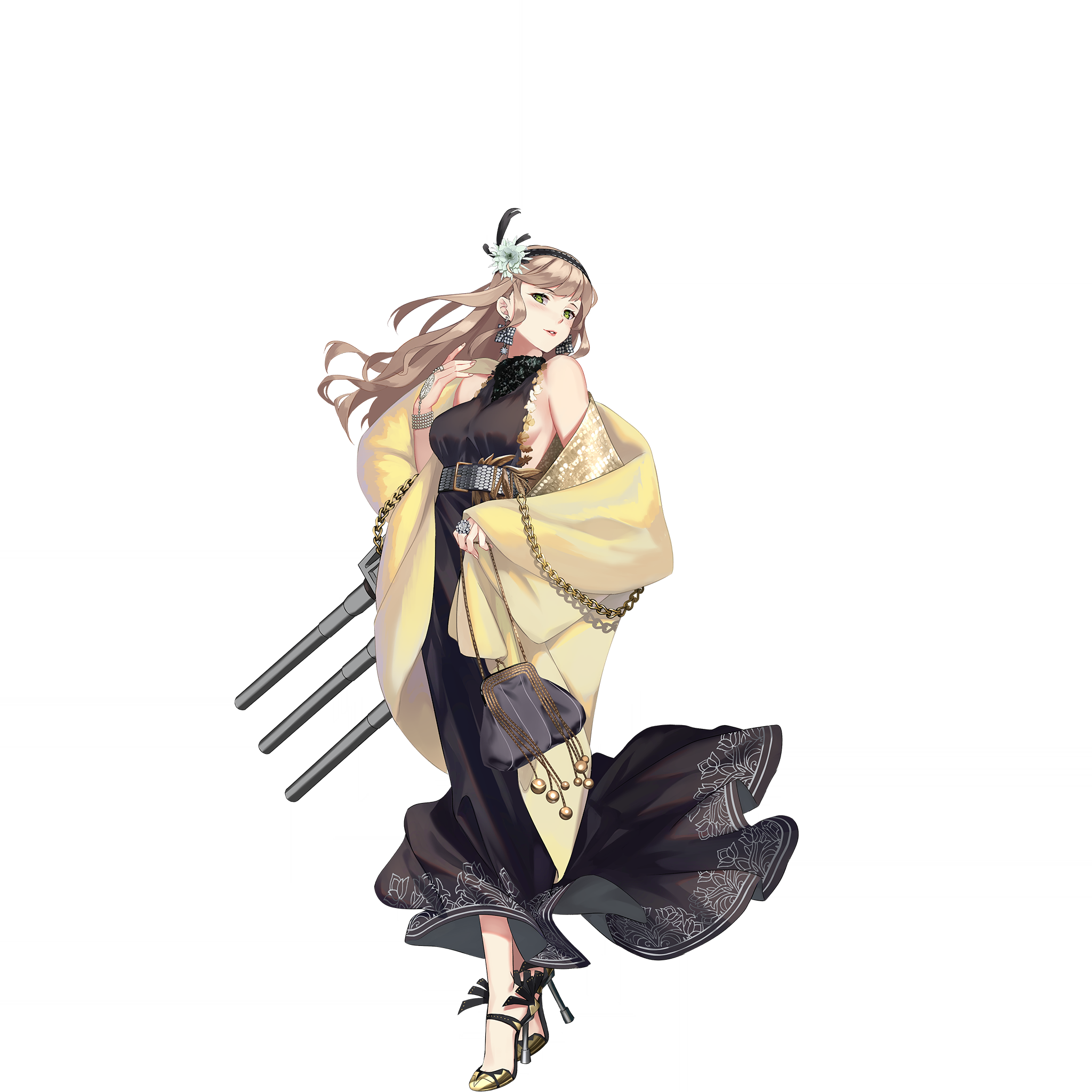 bag belt black_dress black_hairband blonde_hair chain dress earrings flower green_eyes hair_flower hair_ornament hairband handbag high_heels highres jewelry long_hair looking_at_viewer missouri_(warship_girls_r) official_alternate_costume official_art rigging shawl silver_belt transparent_background warship_girls_r yellow_shawl zi_se
