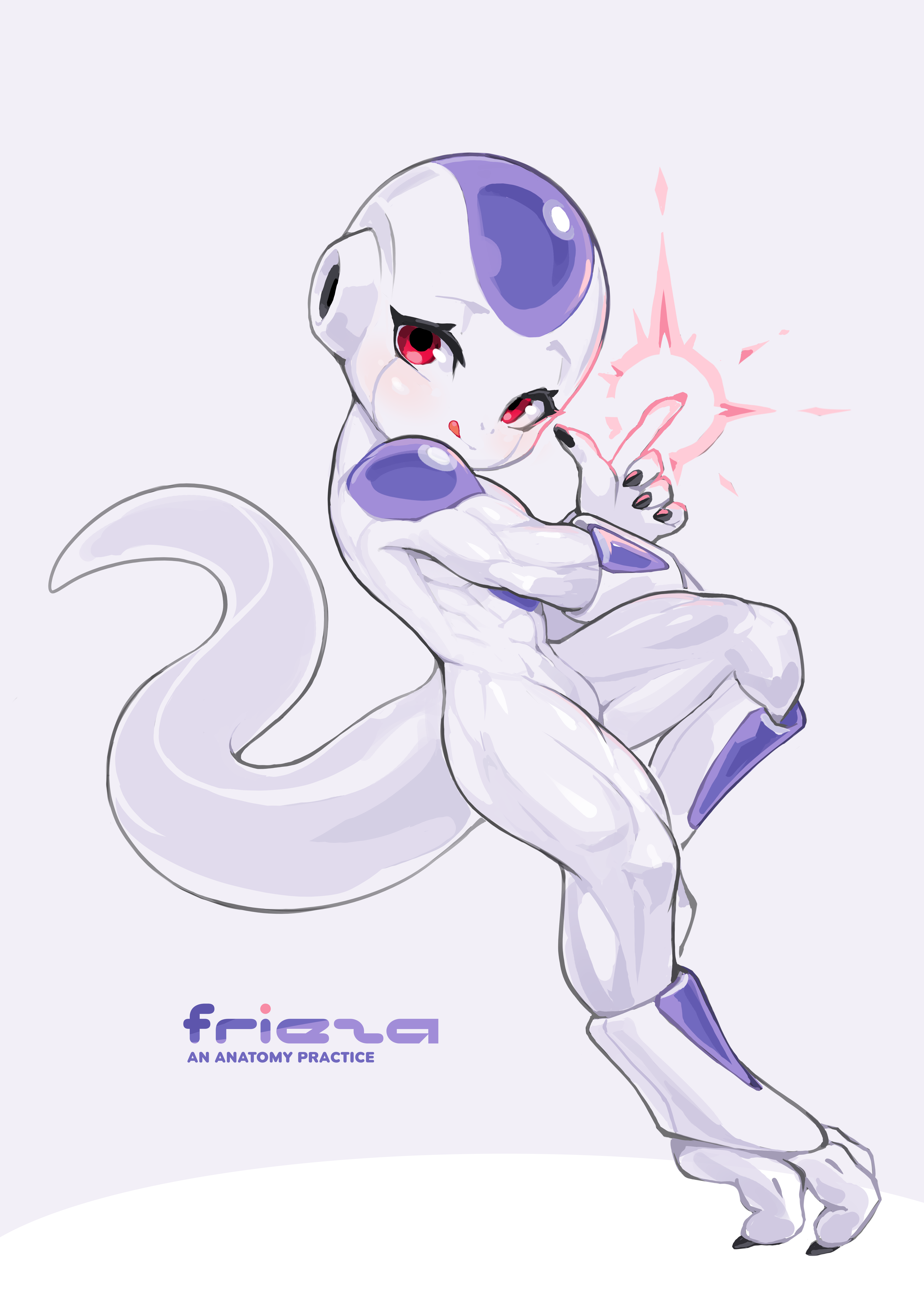 1boy 2018 2025 abs absurdres biceps black_nails closed_mouth colored_skin deltoids dragon_ball dragonball_z final_form_frieza frieza from_side full_body head_tilt highres krita_(medium) leg_up licking_lips light_smile looking_at_viewer muscular muscular_male non-web_source pointing pointing_up quads raised_inner_eyebrows serratus_anterior simple_background tail toned toned_male tongue tongue_out trap tsurime tyson_tan white_skin