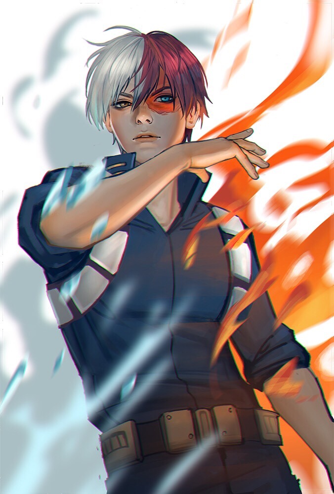 1boy arm_up belt blue_eyes blue_pants blue_shirt boku_no_hero_academia brown_eyes burn_scar collared_shirt commentary cowboy_shot cryokinesis english_commentary fire hair_between_eyes heterochromia ice looking_to_the_side male_focus mistermagnolia multicolored_hair open_collar pants parted_lips popped_collar pyrokinesis red_hair scar scar_across_eye scar_on_face shirt sleeves_rolled_up solo split-color_hair standing todoroki_shoto u.a._gym_uniform v-shaped_eyebrows white_background white_hair