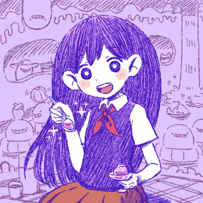 1girl blush bright_pupils collared_shirt colored_skin holding holding_spoon humphrey_(omori) innertube long_hair looking_at_viewer mari_(headspace)_(omori) mari_(omori) neckerchief omori open_mouth pleated_skirt purple_eyes purple_hair purple_sweater_vest red_neckerchief red_skirt shirt skirt smile spoon sun_iiinu sweater_vest swim_ring teeth upper_teeth_only white_pupils white_shirt white_skin