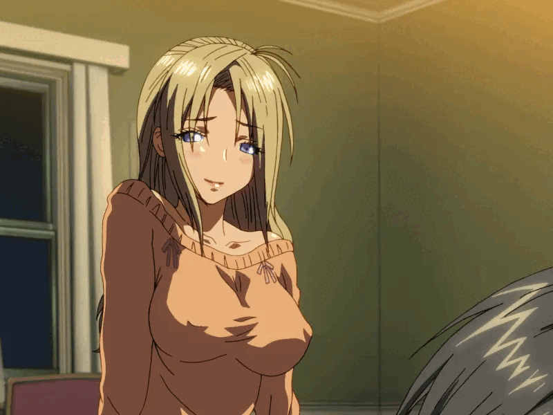 1boy 1girl 2010s 2011 age_difference animated animated_gif blush breasts cleavage hiding_erection huge_breasts jellyfish_(company) kamimura_akiko keisuke_(sisters) kouzaka_kouhei nipples no_bra older_woman_and_younger_man orange_sweater shy sisters_~natsu_no_saigo_no_hi~ stepmother_and_stepson sweater taki_minashika tank_top uncensored