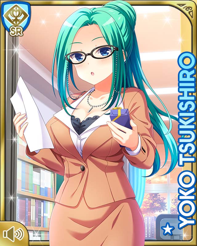 1girl :o black-framed_eyewear blue_eyes blush bookcase breasts brown_dress card_(medium) day dress female_focus girlfriend_(kari) glasses green_hair hair_bun indooors long_hair official_art open_mouth qp:flapper school shirt single_hair_bun solo tagme tanabata tsukishiro_youko white_shirt