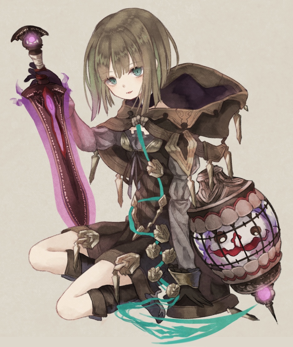 1boy androgynous bad_id bad_pixiv_id boots breasts brown_hair cage cloak dress full_body green_eyes gretel_(sinoalice) hansel_(sinoalice) holding holding_sword holding_weapon hood hooded_cloak lantern looking_at_viewer male_focus oro_ponzu patterned_clothing seiza short_hair shorts simple_background sinoalice sitting smile solo sword trap weapon