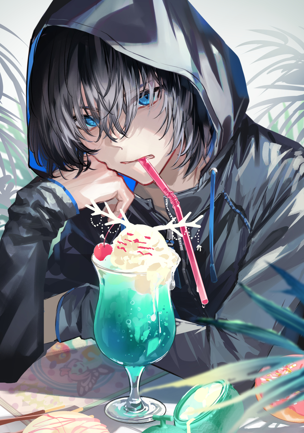 1boy black_hair black_jacket blue_eyes blurry cernunnos_(fate) character-themed_food cherry cup depth_of_field donut drawstring drink drinking_glass drinking_straw drinking_straw_in_mouth elbow_rest fate/grand_order fate_(series) food fruit glaring hair_between_eyes hair_over_eyes hand_on_own_cheek hand_on_own_face hand_up head_rest highres hood hood_up hooded_jacket hurricane_glass ice_cream ice_cream_float jacket long_sleeves looking_at_viewer male_focus mouth_hold oberon_(fate) oberon_(moody_summer_oberon)_(fate) oberon_(third_ascension)_(fate) palm_leaf parted_lips poppoman short_hair solo upper_body zipper zipper_pull_tab