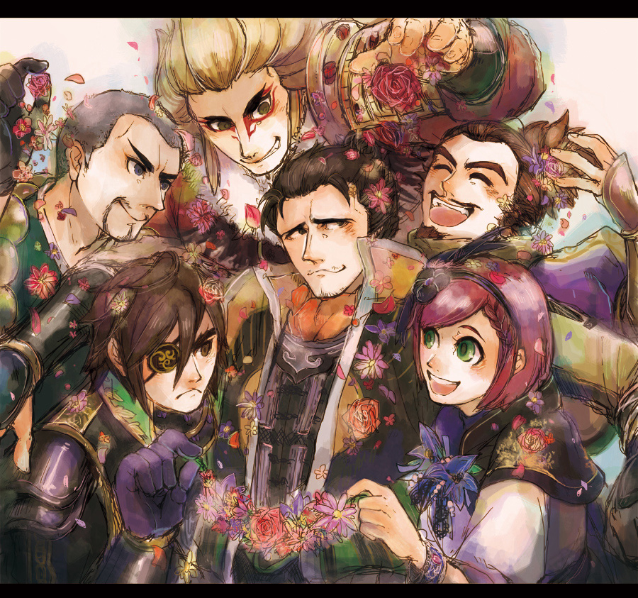 armor ascot blush date_masamune eyepatch flower honganji_kennyo hosokawa_gracia maeda_keiji petals saika_magoichi sengoku_musou smile toyotomi_hideyoshi yukimoto