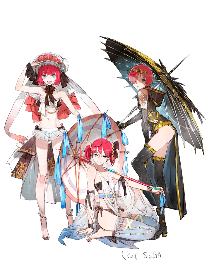arm_tattoo arm_up bare_shoulders bikini black_bikini black_thighhighs character_request copyright_request glasses hair_ornament holding holding_umbrella microskirt multiple_girls narrow_waist navel red_hair short_hair side-tie_bikini_bottom simple_background sitting skirt standing strapless swimsuit tattoo thighhighs toi8 umbrella wariza white_background white_bikini white_thighhighs