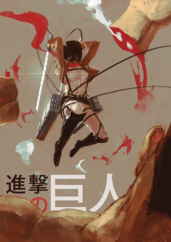 1girl belt black_hair boots dismemberment female_focus gokotan jacket mikasa_ackerman shingeki_no_kyojin short_hair solo sword thigh_strap three-dimensional_maneuver_gear weapon wuzidan
