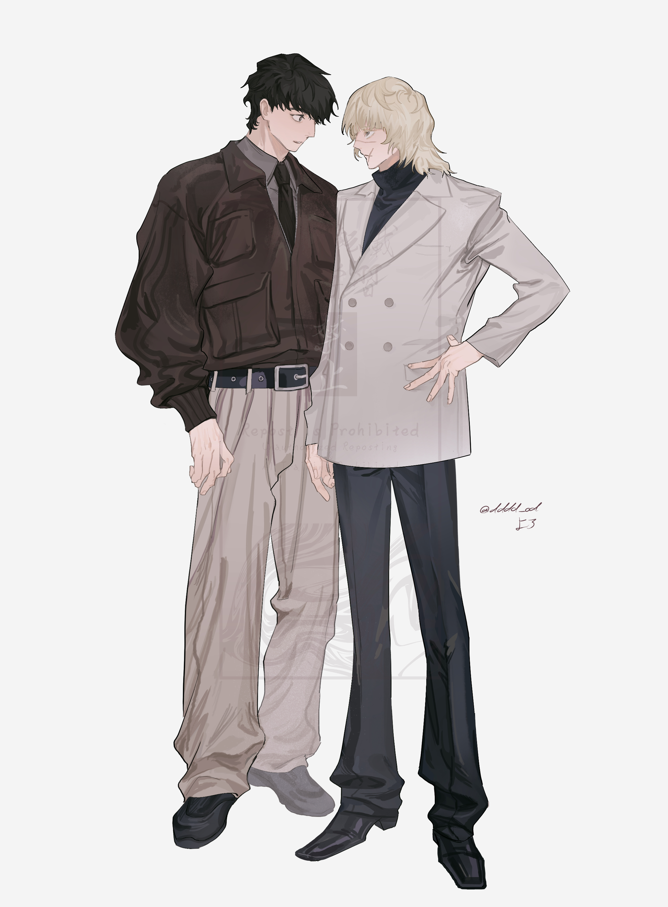 2boys absurdres badeni black_eyes black_hair blonde_hair blue_eyes chi.:_chikyuu_no_undou_ni_tsuite coat contemporary eyepatch full_body highres jacket long_sleeves male_focus medium_hair multiple_boys necktie oczy pants scar scar_on_face scar_on_lip scar_on_mouth scar_on_nose shirt shoes short_hair sim standing white_background yoro_(dddd_od)