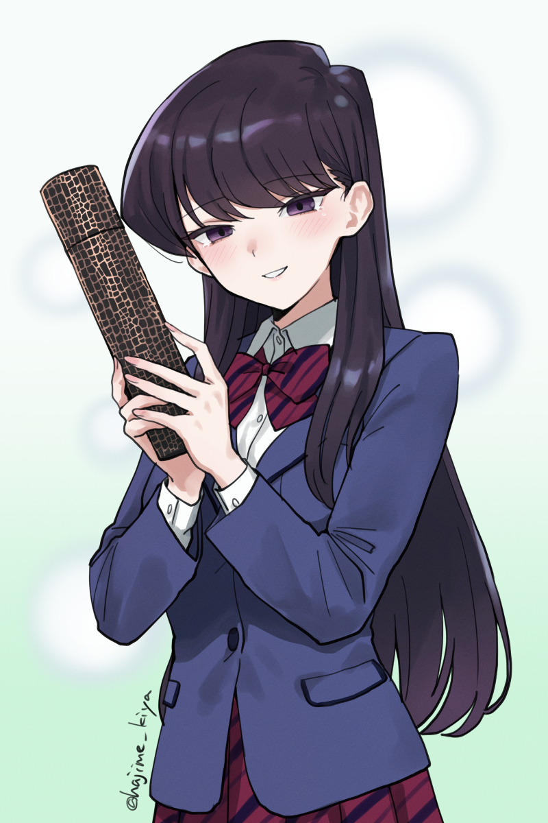 1girl black_eyes black_hair blush bow bowtie breasts collared_shirt commentary_request diagonal-striped_bow diagonal-striped_bowtie diagonal-striped_clothes diagonal-striped_skirt diploma highres holding holding_diploma itan_private_high_school_uniform kiya_hajime komi-san_wa_komyushou_desu komi_shouko long_hair looking_at_viewer parted_lips purple_eyes red_bow red_bowtie red_skirt school_uniform shirt simple_background skirt smile solo striped_clothes upper_body white_background white_shirt
