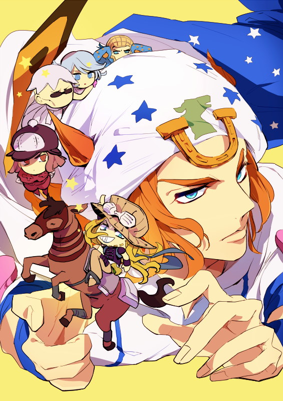 1boy blonde_hair blue_eyes chibi gyro_zeppeli hat horse hot_pants_(sbr) johnny_joestar jojo_no_kimyou_na_bouken lucy_steel mapi mini_person miniboy steel_ball_run steven_steel wekapipo