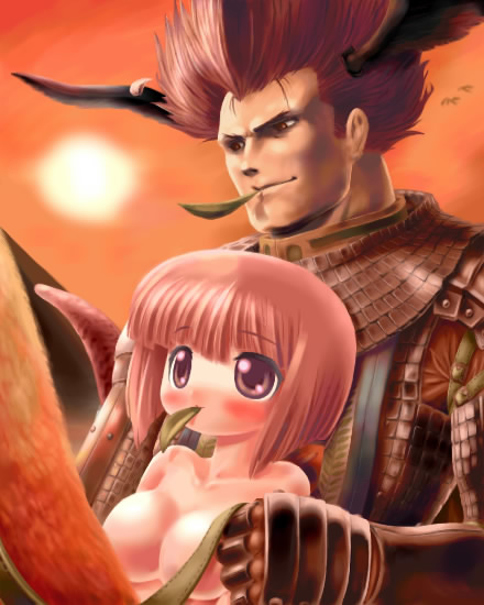 1boy 1girl 2000s_(style) armor badbullet black_wings blush bob_cut breasts brown_eyes brown_hair chainmail closed_mouth head_wings hetero holding holding_reins isis_(ragnarok_online) knight_(ragnarok_online) lamia large_breasts leaf_in_mouth monster_girl orange_sky outdoors ragnarok_online reins short_hair sky smile spiked_hair sun upper_body wings