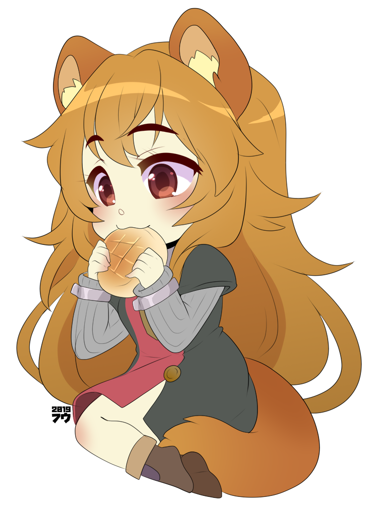 1girl :3 animal_ear_fluff animal_ears artypanda black_dress boots breasts brown_boots brown_hair chibi child commentary commission cuffs dress eating english_commentary food food_in_mouth full_body holding holding_food long_hair long_sleeves raccoon_ears raccoon_girl raccoon_tail raphtalia red_dress red_eyes side_slit sidelocks simple_background sitting small_breasts solo tail tate_no_yuusha_no_nariagari transparent_background two-tone_dress