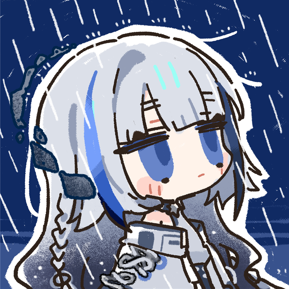 1girl blue_eyes blue_hair chibi chibi_only chinese_commentary cui_pi_zha_xia_qiu darkstar_hubble_(neural_cloud) girls&#039;_frontline girls&#039;_frontline_neural_cloud grey_hair grey_shirt hubble_(neural_cloud) long_hair official_art outline rain second-party_source shirt solo white_outline