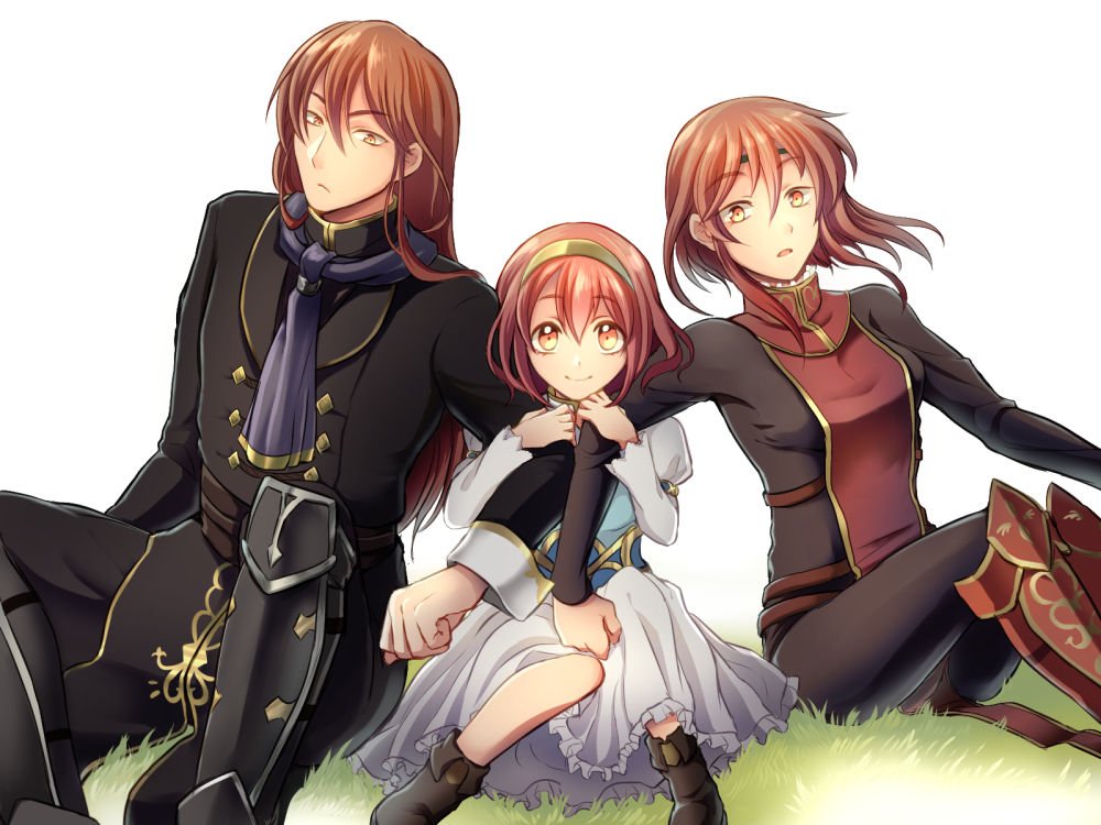 1boy 2girls armor artist_request blush brother_and_sister cape field fire_emblem fire_emblem:_mystery_of_the_emblem fire_emblem_heroes gloves headband long_hair looking_at_viewer maria_(fire_emblem) minerva_(fire_emblem) misheil_(fire_emblem) multiple_girls nintendo open_mouth red_eyes red_hair short_hair siblings sisters smile