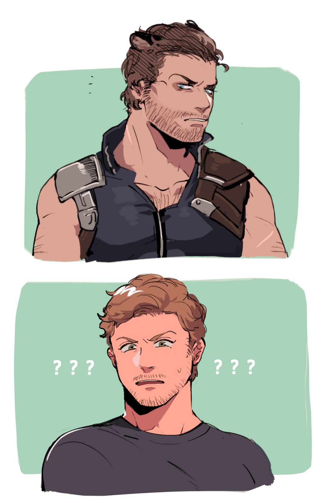 2boys ? animal_ears arm_hair beard black_shirt blue_eyes brown_hair chest_hair chinese_commentary collarbone collared_shirt commentary_request crew_neck cropped_torso facial_hair green_eyes guardians_of_the_galaxy highres humanization looking_to_the_side male_focus marvel marvel_cinematic_universe ming_(5unri5e666) multiple_boys open_mouth parted_lips peter_quill popped_collar raccoon_boy raccoon_ears rocket_raccoon shirt short_hair sideways_glance sleeveless t-shirt zipper