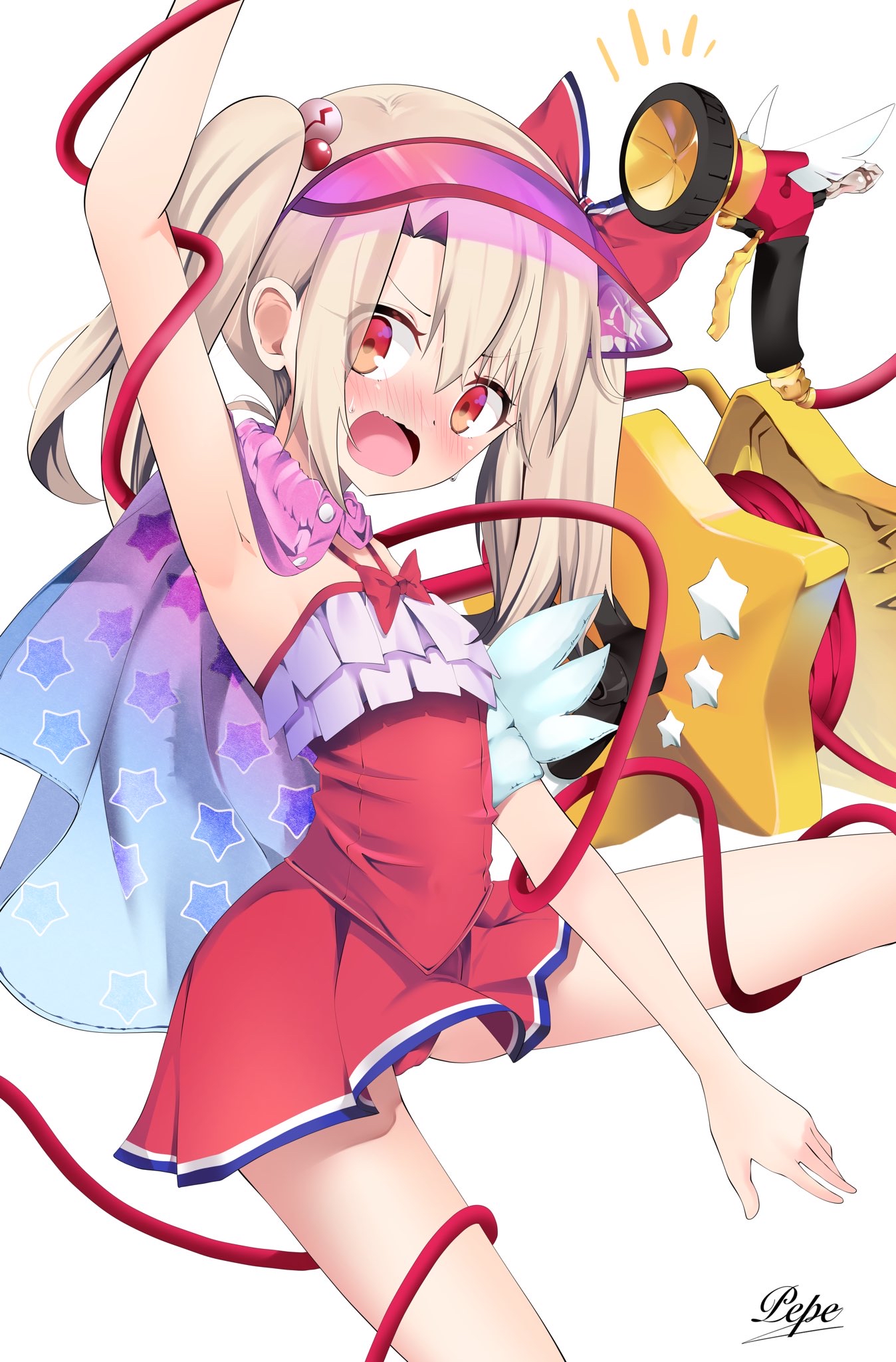1girl armpits bare_legs blonde_hair blush cape dress dress_swimsuit fate/grand_order fate_(series) highres illyasviel_von_einzbern illyasviel_von_einzbern_(swimsuit_archer) illyasviel_von_einzbern_(swimsuit_archer)_(second_ascension) magical_ruby magical_ruby_(hose) open_mouth panties pei_iriya red_eyes red_panties simple_background solo twintails underwear visor_cap white_background