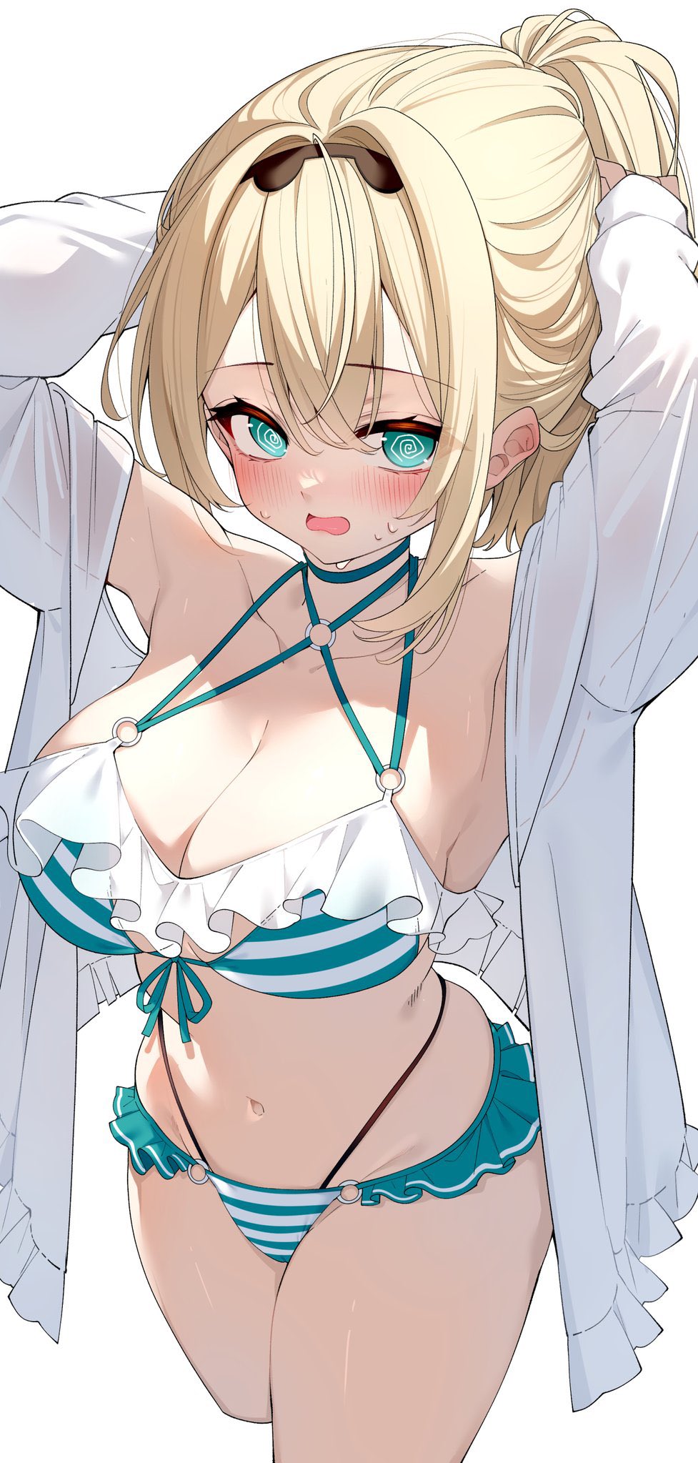 1girl @_@ alternate_breast_size alternate_costume aqua_eyes arms_behind_head arms_up bikini bird black_hairband blonde_hair blue_bikini breasts cleavage commentary criss-cross_halter cropped_legs darjeeling_(reley) double-parted_bangs frilled_bikini frills front-tie_bikini_top front-tie_top hair_between_eyes hairband halterneck highleg highleg_bikini highres hololive jacket java_sparrow kazama_iroha large_breasts looking_at_viewer multi-strapped_bikini_bottom multi-strapped_bikini_top navel o-ring o-ring_bikini open_clothes open_jacket open_mouth short_hair simple_background solo stomach striped_bikini striped_clothes swimsuit symbol-only_commentary virtual_youtuber wavy_mouth white_background white_java_sparrow