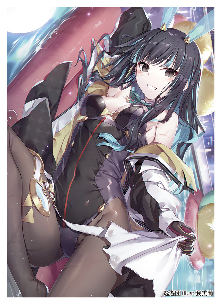 1girl animal_ears bare_shoulders black_gloves black_hair black_leotard blue_hair breasts brown_pantyhose comiket_105 covered_navel fate/grand_order fate_(series) gabiran gloves grey_eyes jacket knee_up leotard long_hair looking_at_viewer lying multicolored_hair on_side pantyhose playboy_bunny rabbit_ears second-party_source sidelocks smile solo tenochtitlan_(fate) tenochtitlan_(swimsuit_mooncancer)_(fate) tenochtitlan_(swimsuit_mooncancer)_(third_ascension)_(fate) two-tone_hair water white_jacket