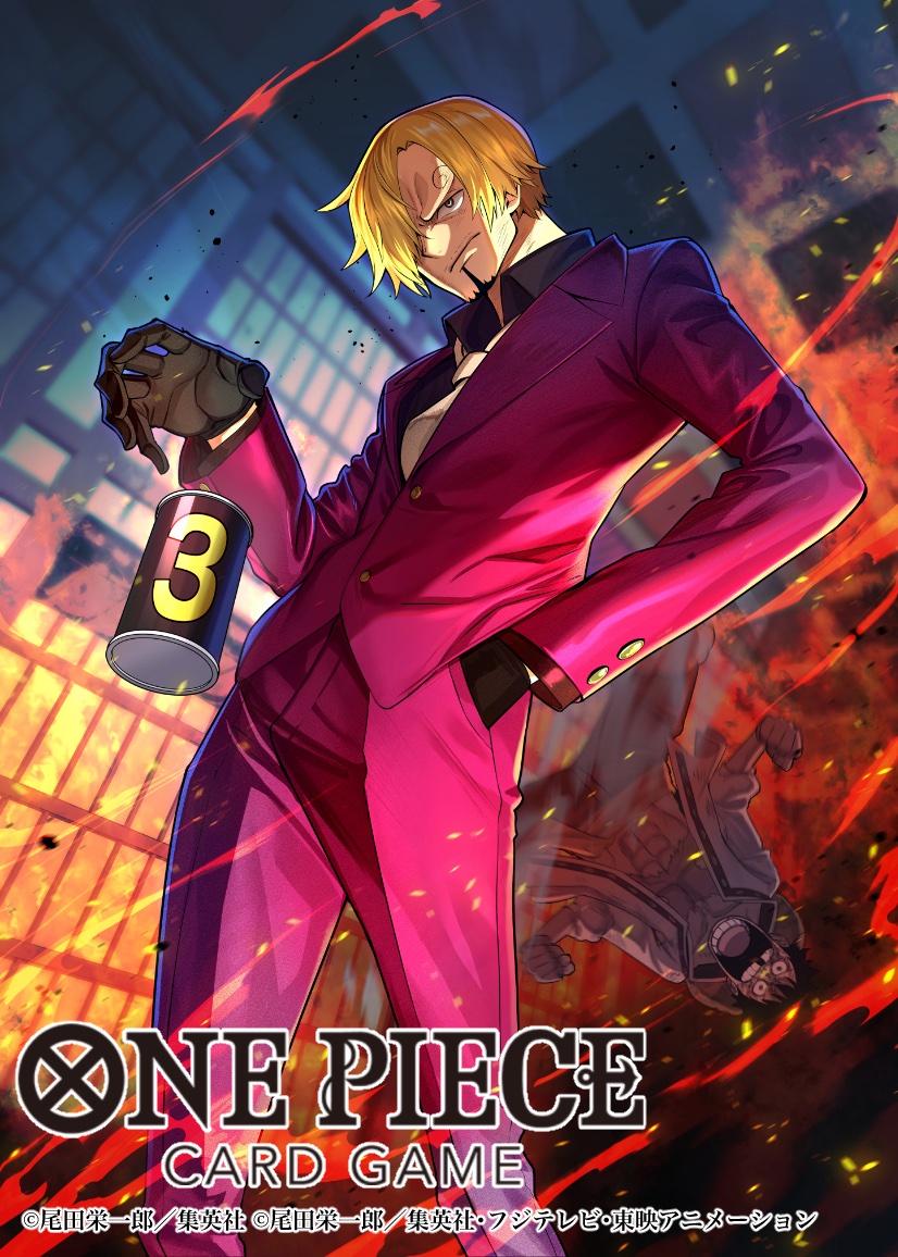 2boys bashikou beard_stubble black_shirt blonde_hair facial_hair fire formal_clothes hand_in_pocket jacket medium_hair monkey_d._luffy multiple_boys necktie official_art one_piece one_piece_card_game pants red_jacket red_pants red_suit sanji_(one_piece) shirt solo_focus stubble suit white_necktie