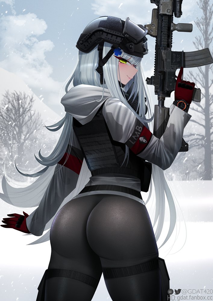 1girl ass assault_rifle blush camouflage gdat girls&#039;_frontline gloves goggles goggles_on_headwear green_eyes gun h&amp;k_hk416 hair_ornament helmet hk416_(fang)_(girls&#039;_frontline) hk416_(girls&#039;_frontline) holding holding_gun holding_weapon jacket last_man_battalion long_hair looking_back mask mask_on_head red_gloves respirator rifle snow_camouflage solo tom_clancy&#039;s_the_division weapon winter_uniform