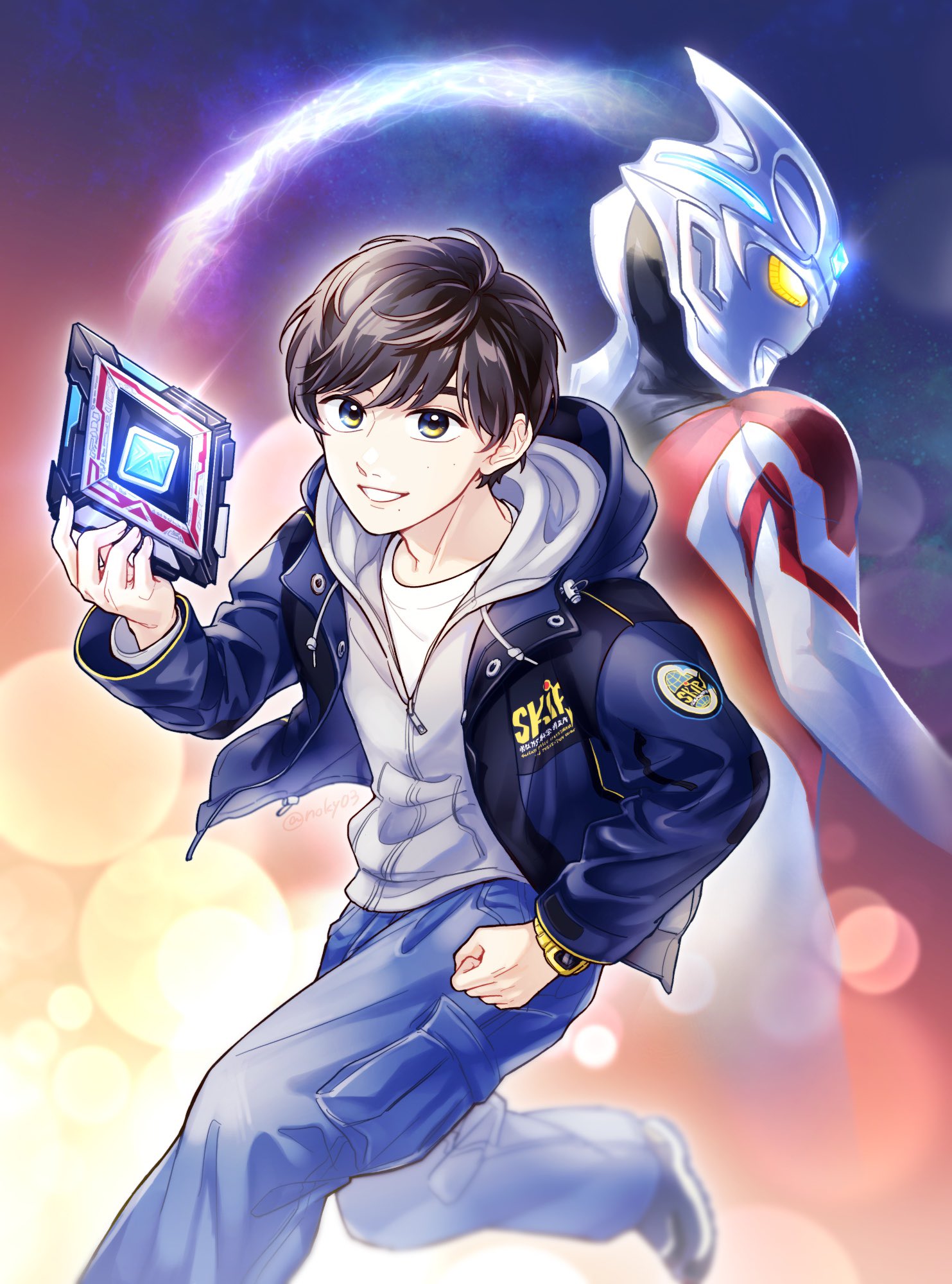 2boys alien arc_ariser arc_cube black_footwear black_jacket black_skin blue_background blue_gemstone blue_pants brown_hair clenched_hand colored_skin commentary_request energy forehead_jewel gem glowing grey_hoodie grin highres hize_yuuma holding hood hoodie jacket light_particles logo looking_at_viewer male_focus multicolored_background multicolored_skin multiple_boys no_pupils noky03 orange_background pants red_skin shirt shoes silver_skin smile tokusatsu ultra_series ultraman_arc ultraman_arc_(series) walking watch white_shirt yellow_eyes
