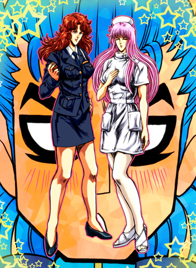 2girls airi_(hokuto_no_ken) blue_hair blush closed_eyes dd_hokuto_no_ken formal_clothes hand_on_own_chest hand_on_own_hip hat high_heels hokuto_no_ken long_hair mamiya_(hokuto_no_ken) multiple_girls necktie norie nurse nurse_cap outline rei_(hokuto_no_ken) shoulder_pads skirt smile star_(symbol) white_legwear yo-yo