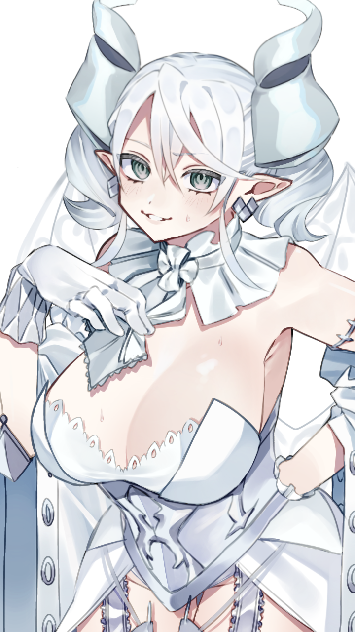 1girl armored_corset armpit_crease breasts cleavage country_takeuchi cowboy_shot demon_girl demon_horns detached_collar detached_sleeves dress duel_monster gloves grey_eyes grin highres horns huge_breasts leotard looking_at_viewer lovely_labrynth_of_the_silver_castle pointy_ears smile solo twintails white_background white_dress white_gloves white_hair yu-gi-oh!