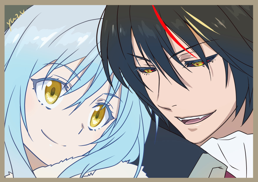 1boy 1other black_hair blue_hair diablo_(tensura) high_collar open_mouth rimuru_tempest sharp_teeth short_hair smile teeth tensei_shitara_slime_datta_ken v-shaped_eyebrows yellow_eyes yuzunoyu