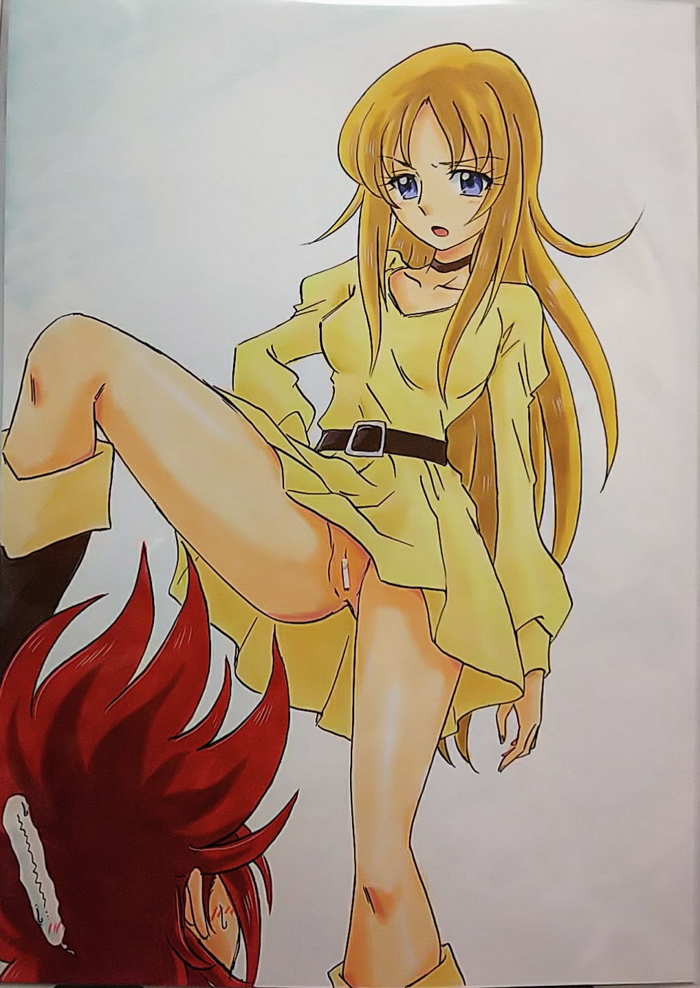 ... 1boy 1girl aquila_yuna ashigaki_radar bar_censor belt blonde_hair blue_eyes blush boots breasts brown_belt brown_footwear censored choker collarbone dress from_below highres leg_up long_hair long_sleeves looking_down medium_breasts no_panties open_mouth pegasus_koga pussy red_hair saint_seiya short_hair spoken_ellipsis sweatdrop white_background yellow_dress