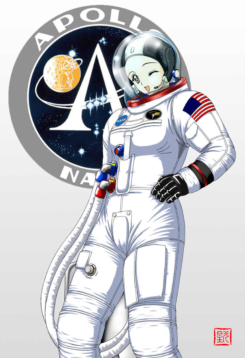 1960s_(style) 1girl american_flag apollo_11 apollo_program astronaut bad_id bad_pixiv_id geitassha gloves helmet logo looking_at_viewer michael_collins_(astronaut) nasa nasa_logo oldschool one_eye_closed photoshop_(medium) real_life retro_artstyle signature simple_background solo space space_helmet spacesuit white_background
