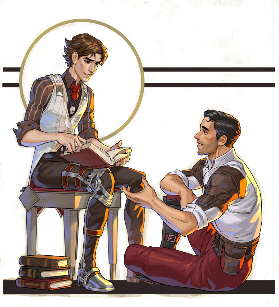2boys arcane:_league_of_legends arcane_jayce arm_on_knee arm_up book book_stack brown_eyes brown_hair brown_pants brown_shirt collared_shirt commentary english_commentary eye_contact jayce_(league_of_legends) kaysd999 knee_up league_of_legends leg_brace looking_at_another male_focus multiple_boys on_lap open_book pants parted_lips red_pants shirt short_hair sitting sleeve_cuffs sleeves_rolled_up smile striped_clothes striped_shirt vertical-striped_clothes vertical-striped_shirt vest viktor_(arcane) viktor_(league_of_legends) white_shirt white_vest wing_collar