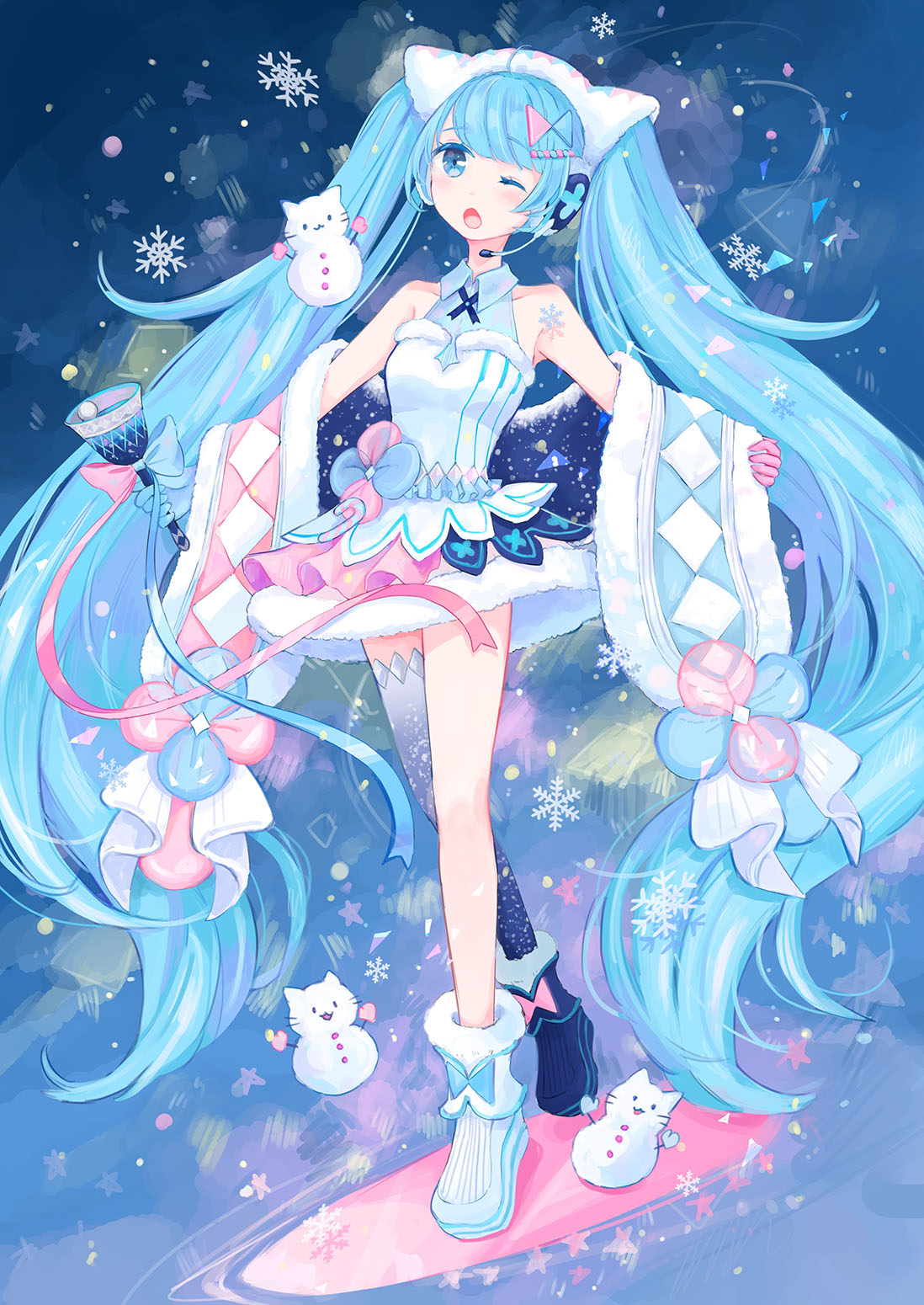 1girl ;o armpits asymmetrical_gloves asymmetrical_legwear bell black_boots blue_background blue_eyes blue_gloves blue_hair boots collared_dress detached_sleeves dress fur-trimmed_boots fur-trimmed_dress fur-trimmed_sleeves fur_trim gloves hair_ornament hatsune_miku headset highres holding holding_bell long_hair magical_mirai_(vocaloid) magical_mirai_miku magical_mirai_miku_(2020_winter) mismatched_gloves mismatched_legwear one_eye_closed pink_gloves single_thighhigh sleeveless sleeveless_dress snowflakes snowman solo standing star_(symbol) star_print thighhighs twintails very_long_hair vocaloid white_boots yutukicom