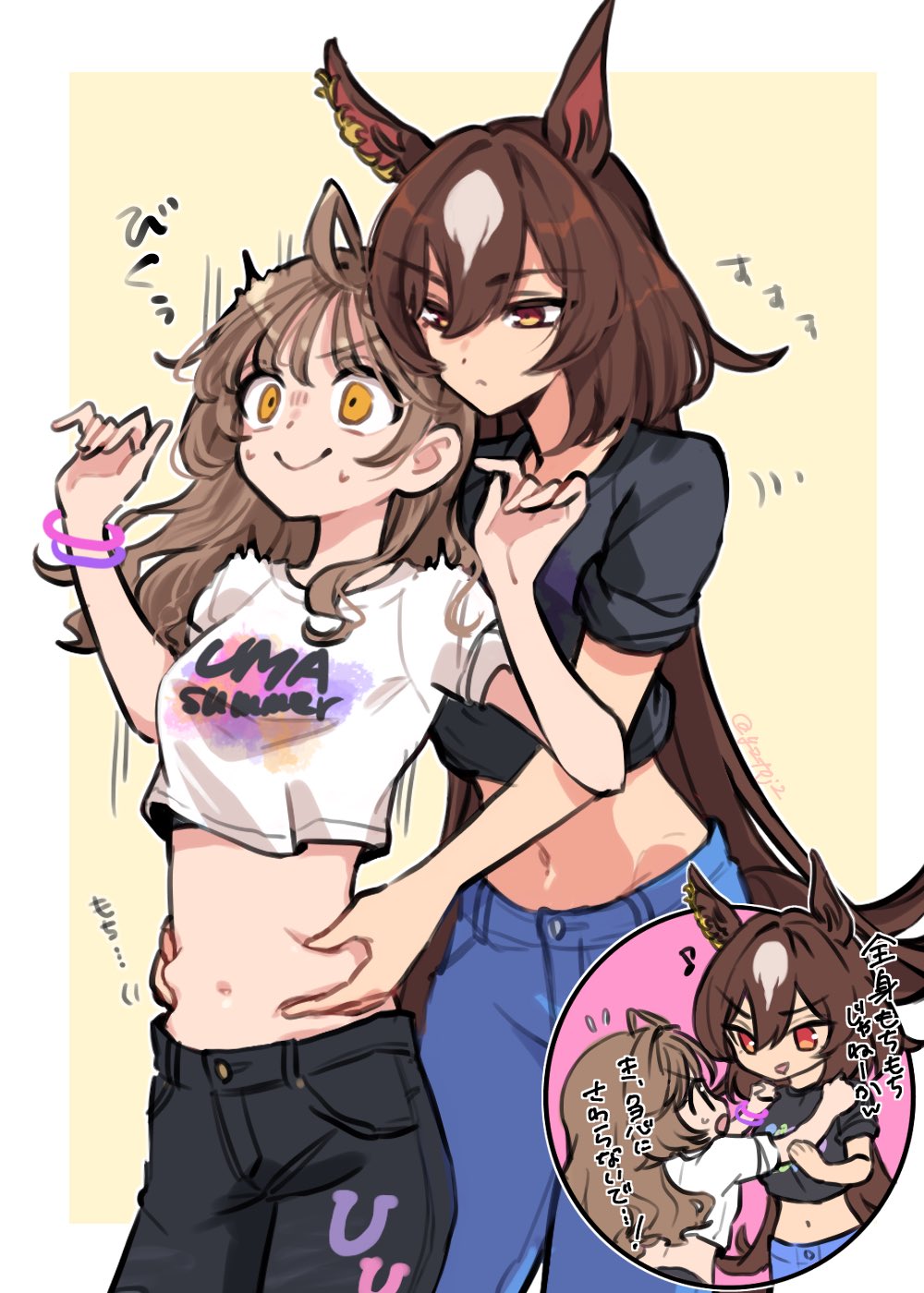 2girls ahoge animal_ears belly_grab black_pants black_shirt blue_pants bracelet breasts brown_hair chibi closed_mouth denim denim_shorts ear_ornament eighth_note female_trainer_(umamusume) highres horse_ears horse_girl horse_tail jewelry long_hair midriff multiple_girls musical_note navel pants red_eyes shirt shorts sirius_symboli_(umamusume) sleeves_rolled_up small_breasts smile sound_effects surprised sweatdrop tail toji_(y2toj2) trainer_(umamusume) translation_request uma_summer_(umamusume) umamusume v-shaped_eyebrows white_shirt yellow_eyes