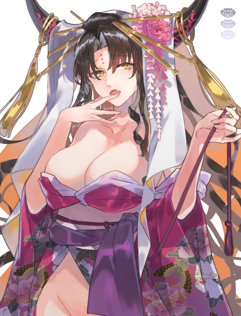 1girl black_horns breasts center_opening commentary cowboy_shot fate/extra fate/extra_ccc fate/grand_order fate_(series) floral_print flower forehead_tattoo groin hair_ornament hairpin hands_up highres holding horn_ornament horn_ring horns japanese_clothes kimono kimono_partially_removed large_breasts long_hair multicolored_horns multiple_hairpins naked_kimono obi obijime open_mouth parted_bangs pink_flower pink_horns poppoman print_kimono purple_kimono sash sessyoin_kiara simple_background solo tassel two-tone_horns veil very_long_hair white_background white_sash white_veil wide_sleeves yellow_eyes