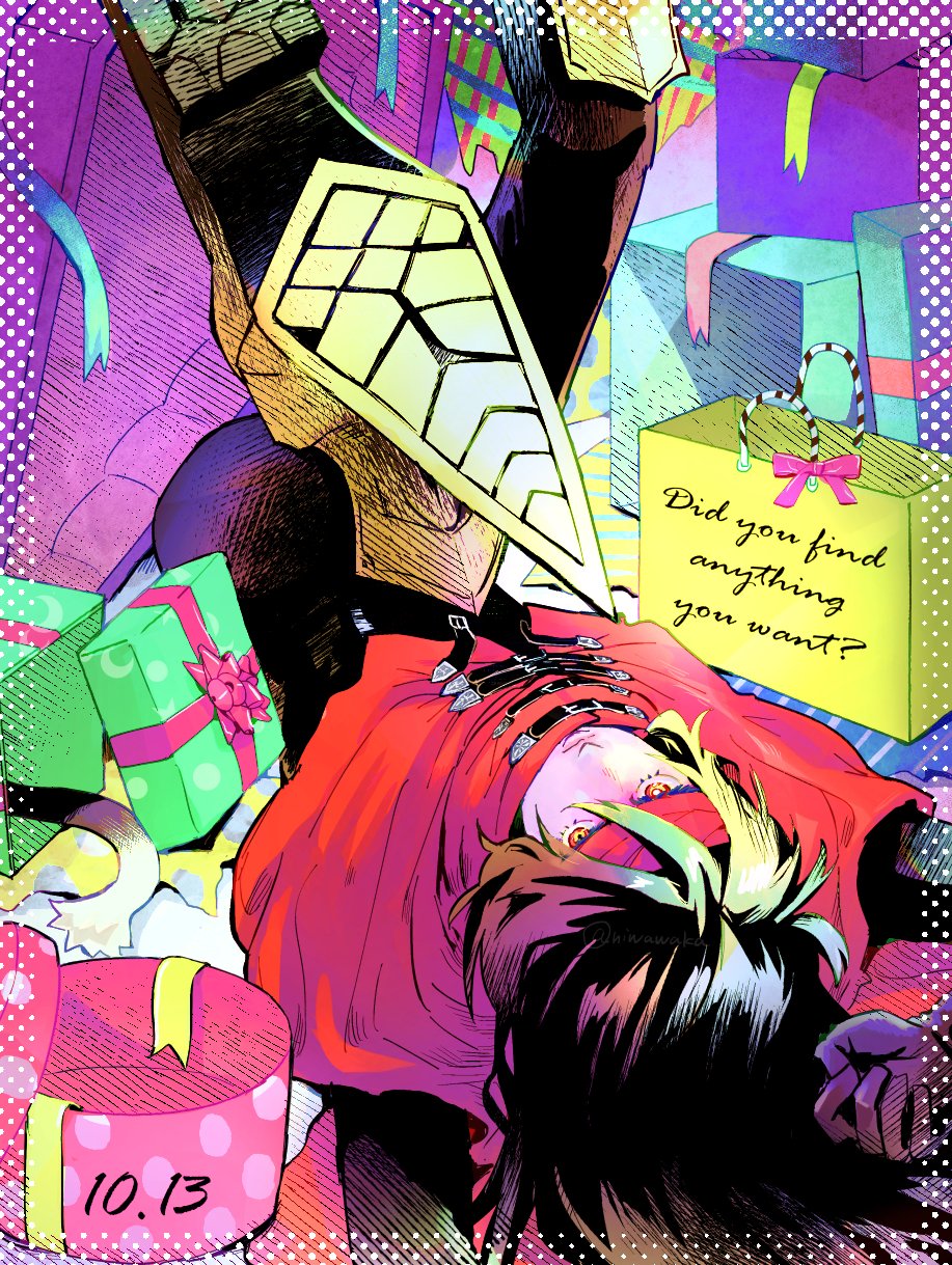 1boy arm_behind_head armored_boots birthday black_gloves black_hair black_pants boots box cait_sith_(final_fantasy) cat_tail cloak dated english_text final_fantasy final_fantasy_vii final_fantasy_vii_rebirth final_fantasy_vii_remake gift gift_bag gift_box gloves hair_between_eyes headband highres long_hair looking_at_viewer male_focus niwawaka out_of_frame pants pointy_footwear polka_dot_border red_cloak red_eyes red_headband ribbon solo tail upside-down vincent_valentine
