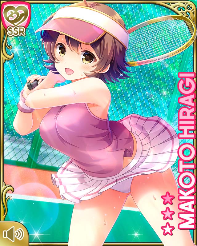 1girl ahoge breasts brown_eyes brown_hair card_(medium) character_name day girlfriend_(kari) hat hiragi_makoto large_breasts medium_breasts official_art open_mouth outdoors panties pink_hat pink_shirt qp:flapper racket shirt short_hair skirt smile solo sportswear swinging tagme tennis_court tennis_racket tennis_uniform underwear upskirt white_panties white_skirt