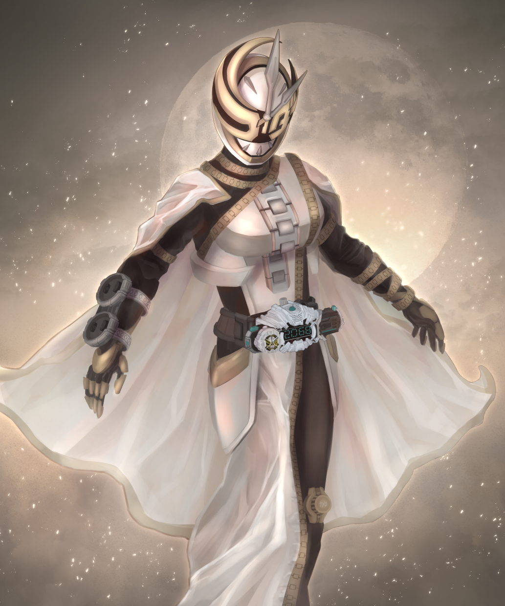 1girl armor asymmetrical_armor black_bodysuit bodysuit clock_hands dress gold_gloves highres kamen_rider kamen_rider_tsukuyomi kamen_rider_zi-o_(series) moon open_hands outstretched_arms pun spread_arms standing tsubasansan tsukuyomi_(zi-o) white_armor white_dress yellow_eyes ziku_driver