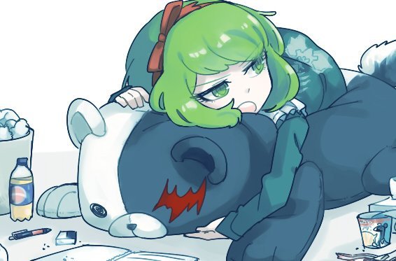 1girl beast_monokuma bottle bow child danganronpa_(series) danganronpa_another_episode:_ultra_despair_girls dress garbage green_dress green_eyes green_hair hair_bow hair_ribbon hairband headband honzumaruii long_sleeves lying_on_animal matching_hair/eyes notebook open_mouth pen plastic_bottle red_bow red_hairband red_headband red_headwear red_ribbon ribbon simple_background skeleton_print tail teeth towa_monaca trash_can upper_teeth_only white_background