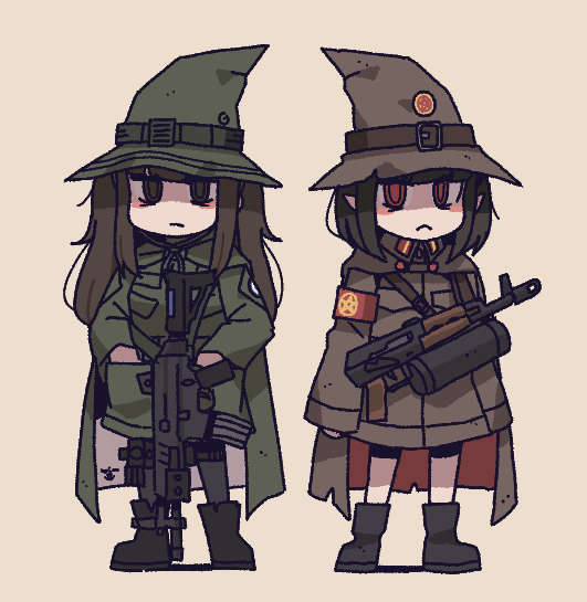 2girls armband assault_rifle belt black_footwear blunt_bangs boots breast_pocket brown_belt brown_cape brown_headwear brown_jacket buttons cape character_request chibi cigarette closed_mouth commentary_request contemporary copyright_request daewoo_k2 full_body gloves green_belt green_cape green_headwear green_jacket green_shirt gun gun_sling hands_in_pockets hat hat_belt jacket kalashnikov_rifle karepack kneehighs korean_commentary long_hair long_sleeves looking_at_viewer messy_hair military military_combat_uniform military_jacket military_uniform mouth_hold multiple_girls north_korea original pantyhose pentagram pocket pointy_ears red_armband red_cape red_eyes republic_of_korea_army rifle ringed_eyes shirt short_hair sidelocks simple_background socks soldier standing twintails two-tone_cape type_88_(assault_rifle) weapon white_background witch witch_hat